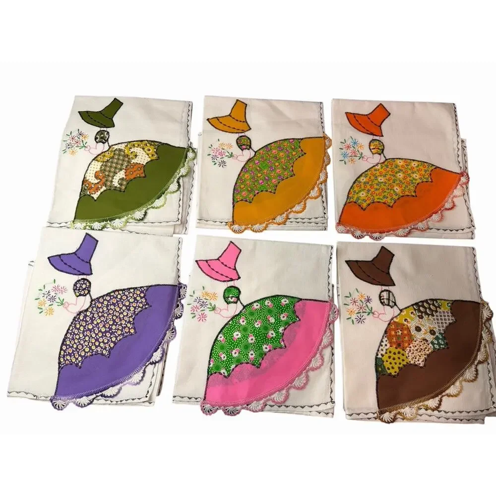 Vintage Quilt Bonnet Lady Dish Towel Set of 6 Embroidered Kitchen Linens 36x29 - Picture 1 of 5